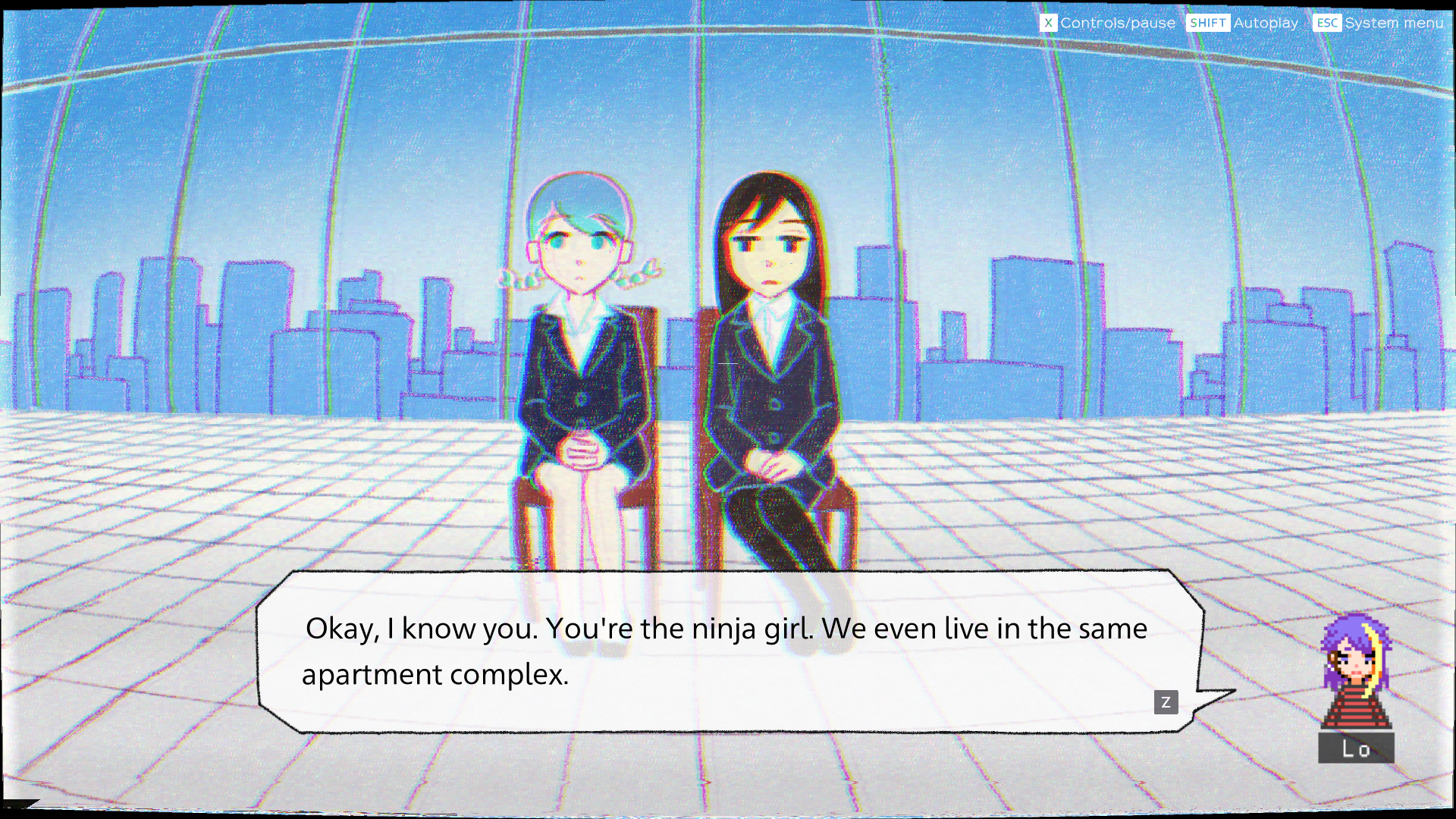 Imagem das personagens Sayoko e Yoru de ghostpia em uma entrevista de emprego